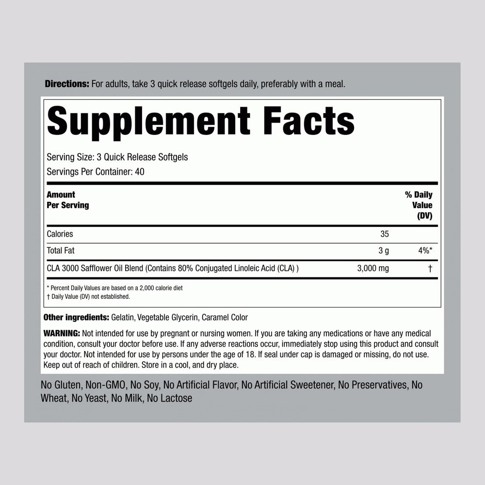CLA 3000mg safflower oil blend per serving label close-up