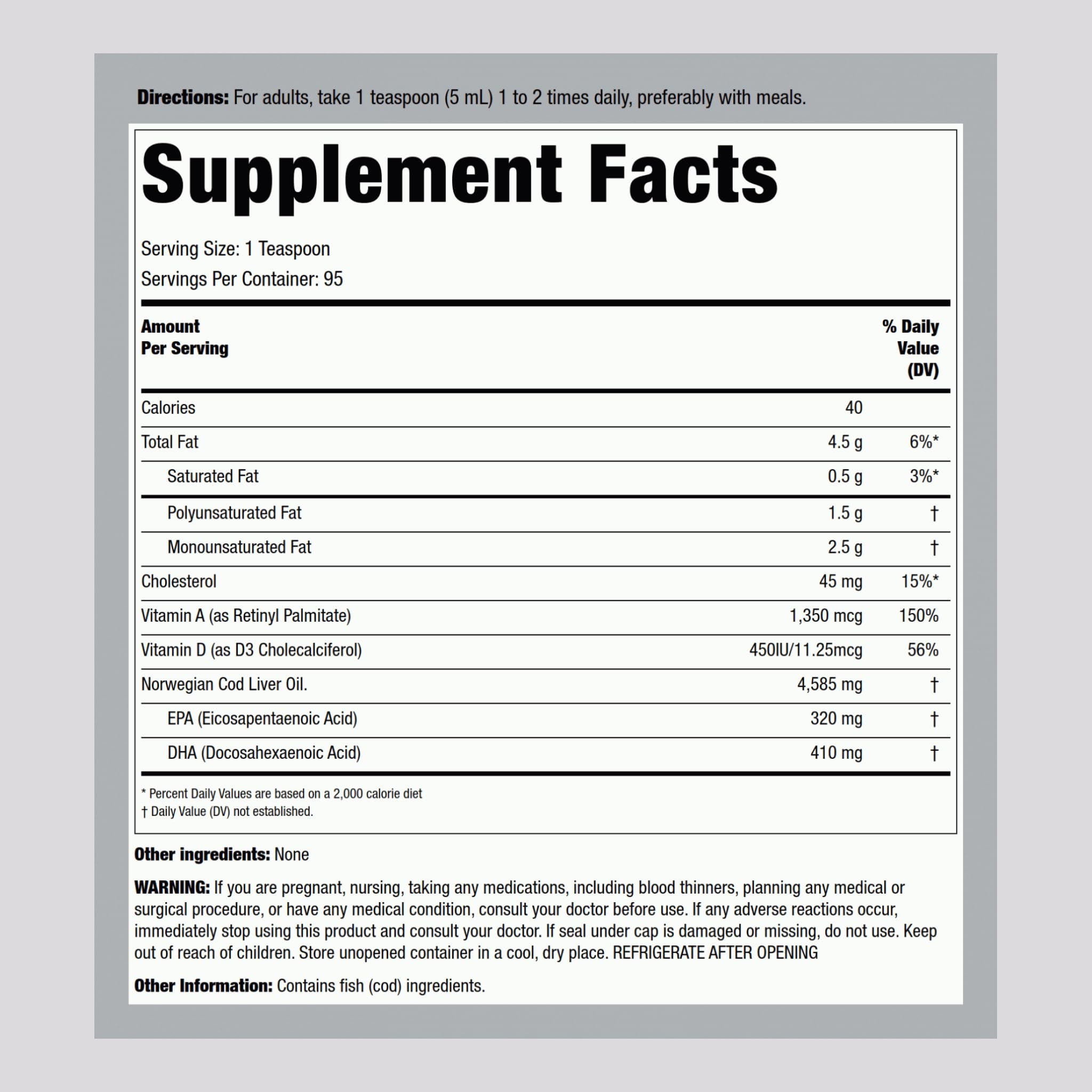 Piping Rock Cod Liver Oil Liquid bottle label close-up