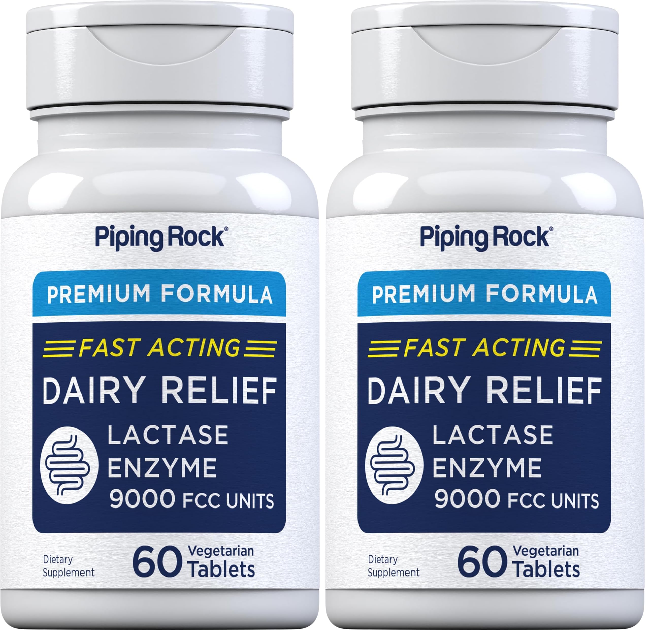Piping Rock Dairy Relief Pills bottle with 60 vegetarian tablets