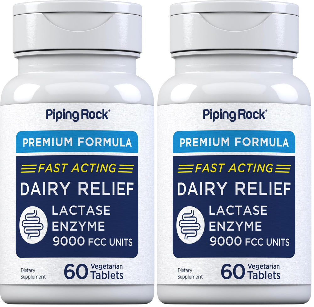 Piping Rock Dairy Relief Pills bottle with 60 vegetarian tablets