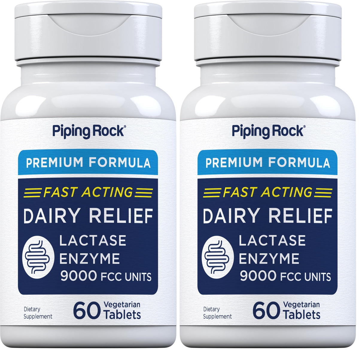 Piping Rock Dairy Relief Pills bottle with 60 vegetarian tablets