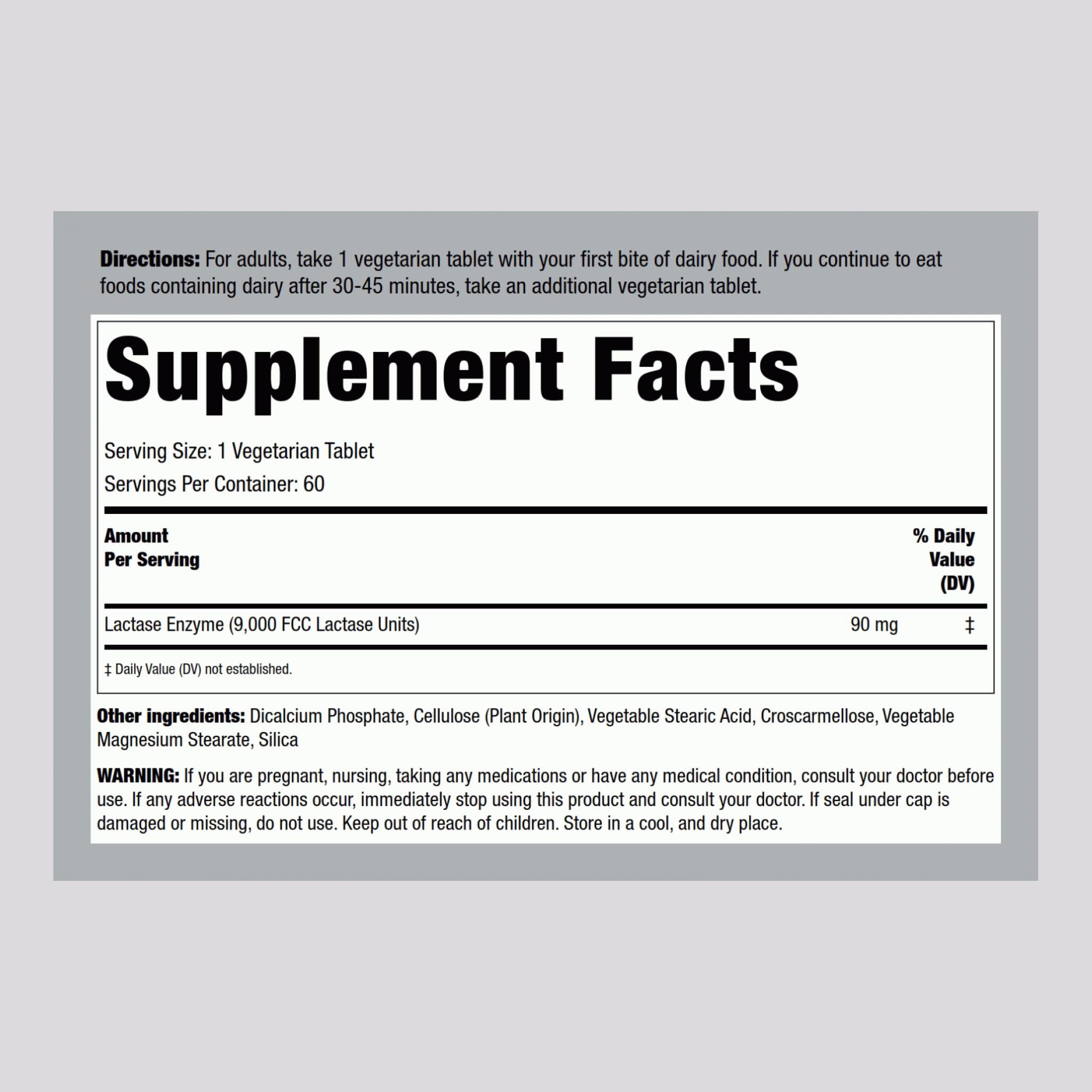 Dairy Relief Pills label displaying 9,000 FCC units