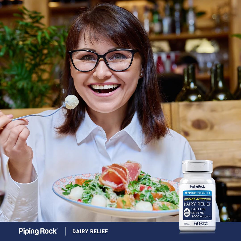 Piping Rock Dairy Relief Pills bottle and packaging