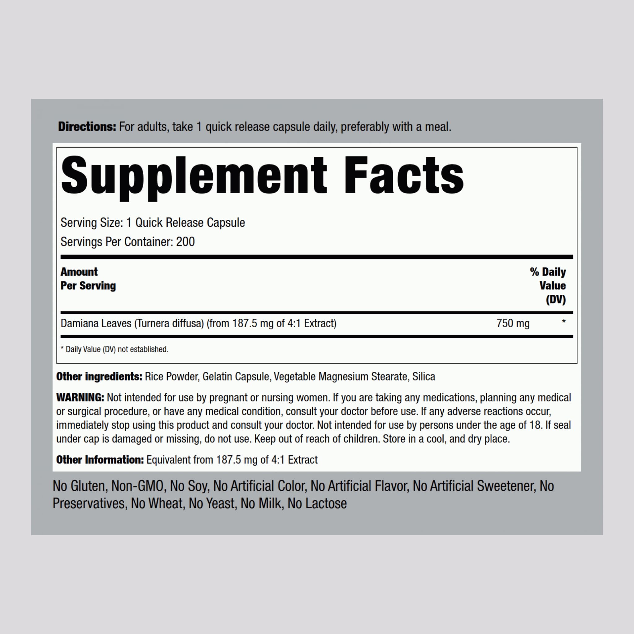 Damiana Leaf Capsules label close-up