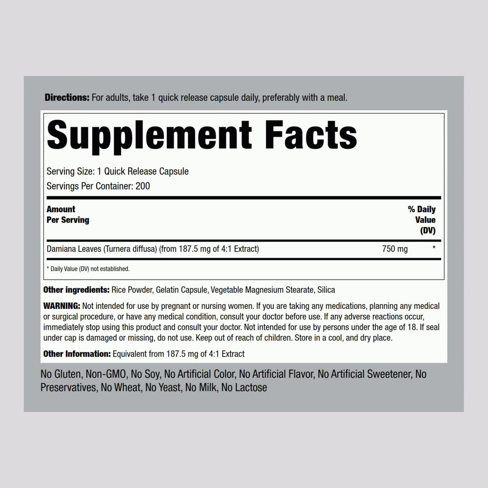 Damiana Leaf Capsules label close-up