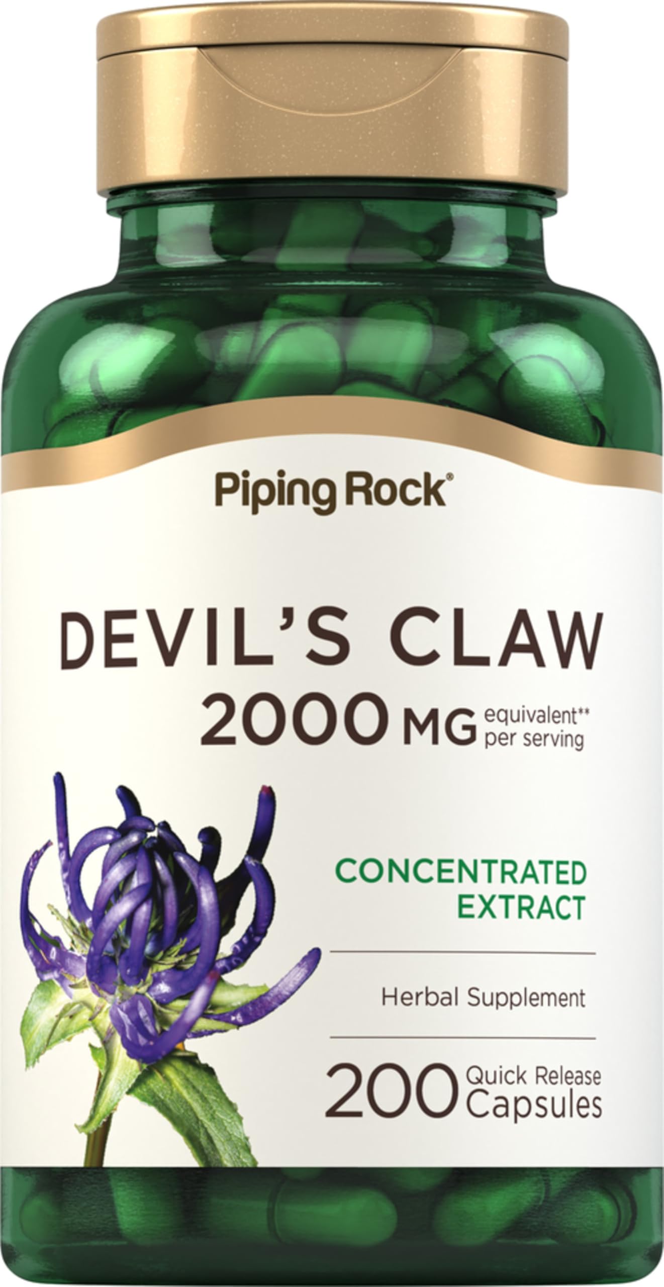 Piping Rock Devils Claw 2000mg bottle featuring 200 capsules