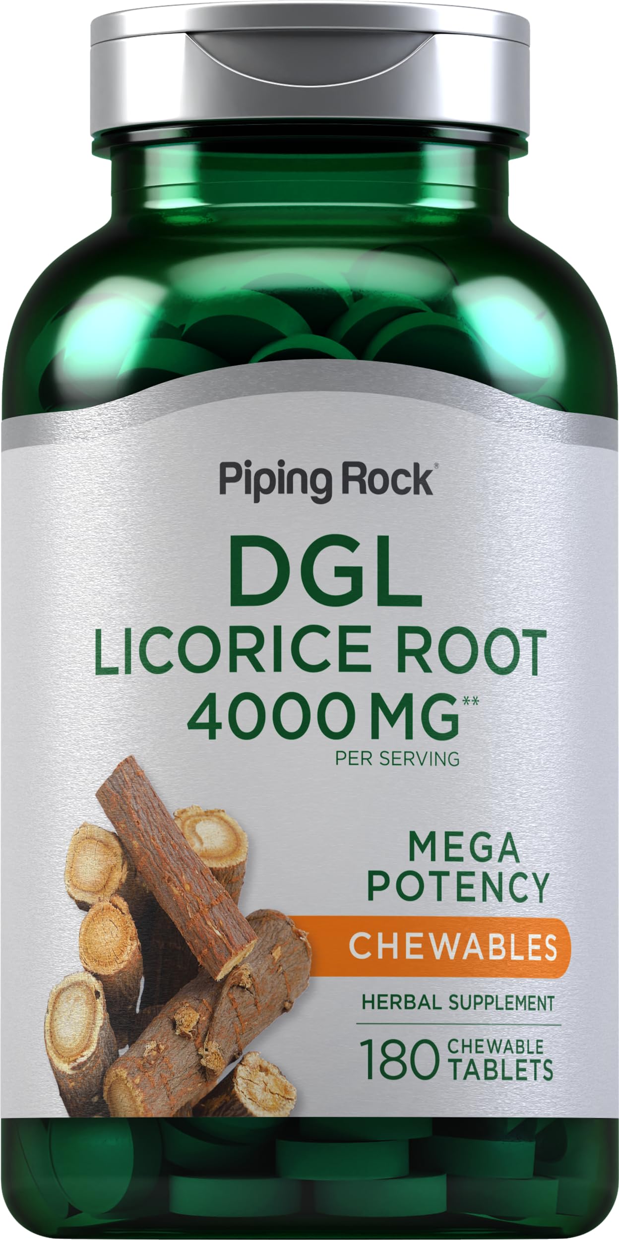 Front view of Piping Rock DGL Licorice Chewable Tablets bottle showing 4000mg potency, 180 count