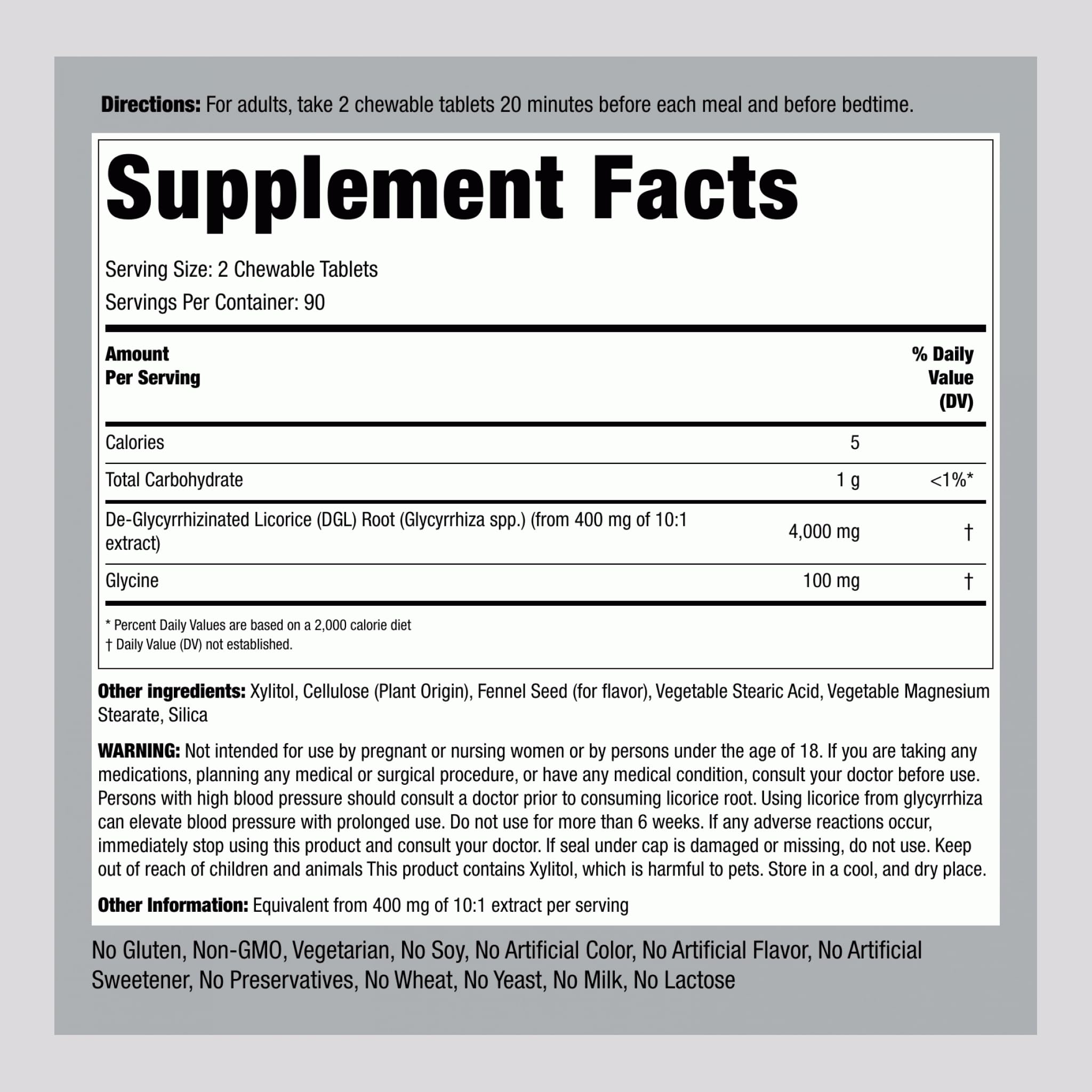 Close-up of DGL Licorice label on Piping Rock chewables