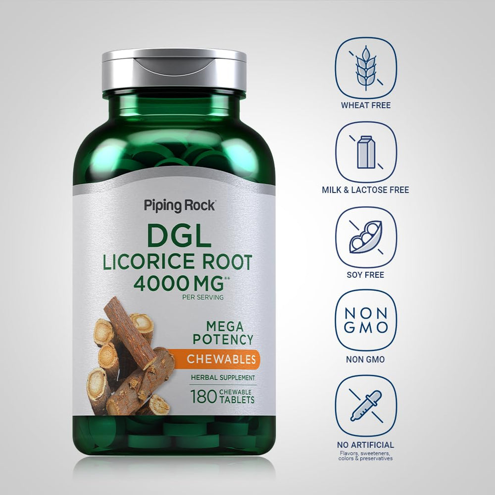 180 count bottle of Piping Rock DGL Licorice Chewable Tablets