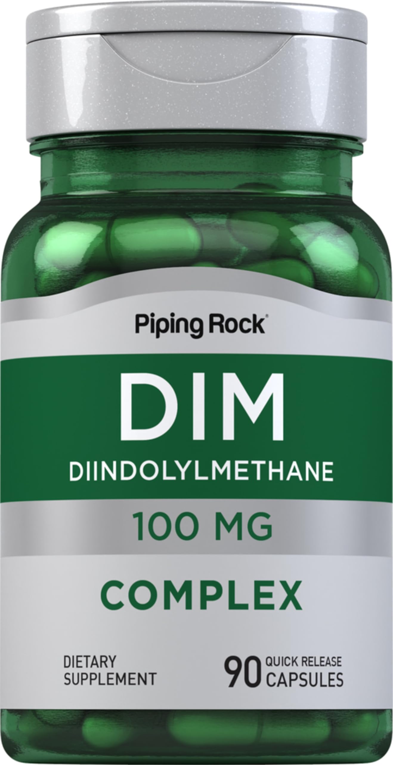 Piping Rock DIM supplement bottle with easy-to-swallow quick-release capsules for daily use.