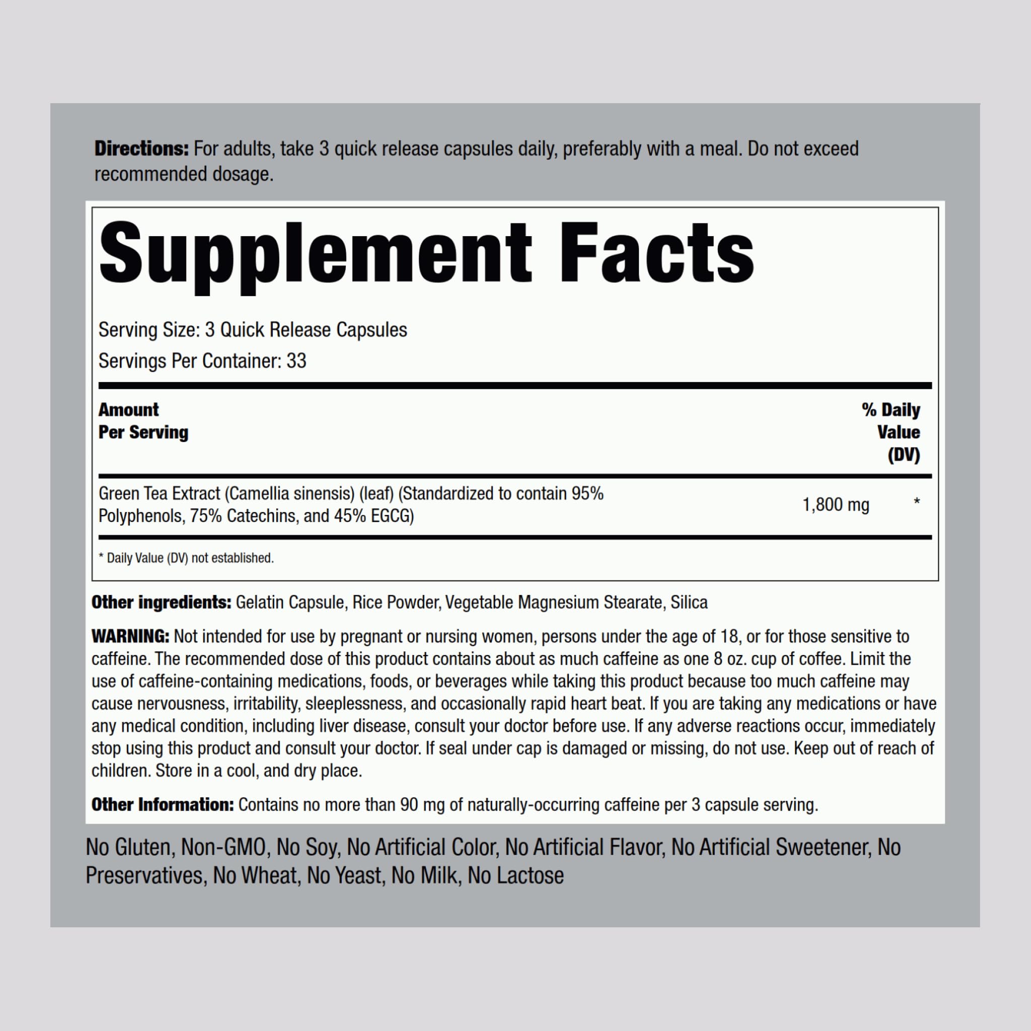 Close-up of 1800 mg EGCG per serving on label