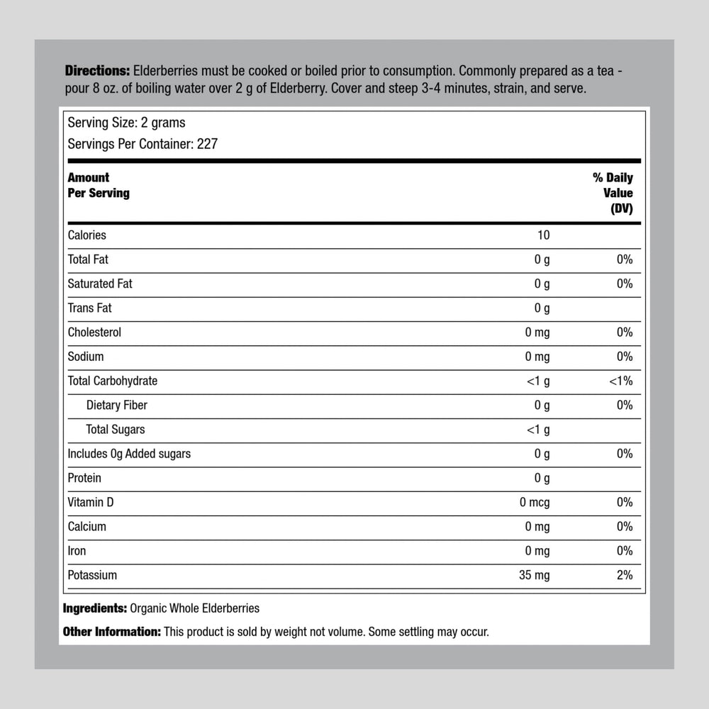Packaging of Piping Rock organic dried elderberries in 1lb