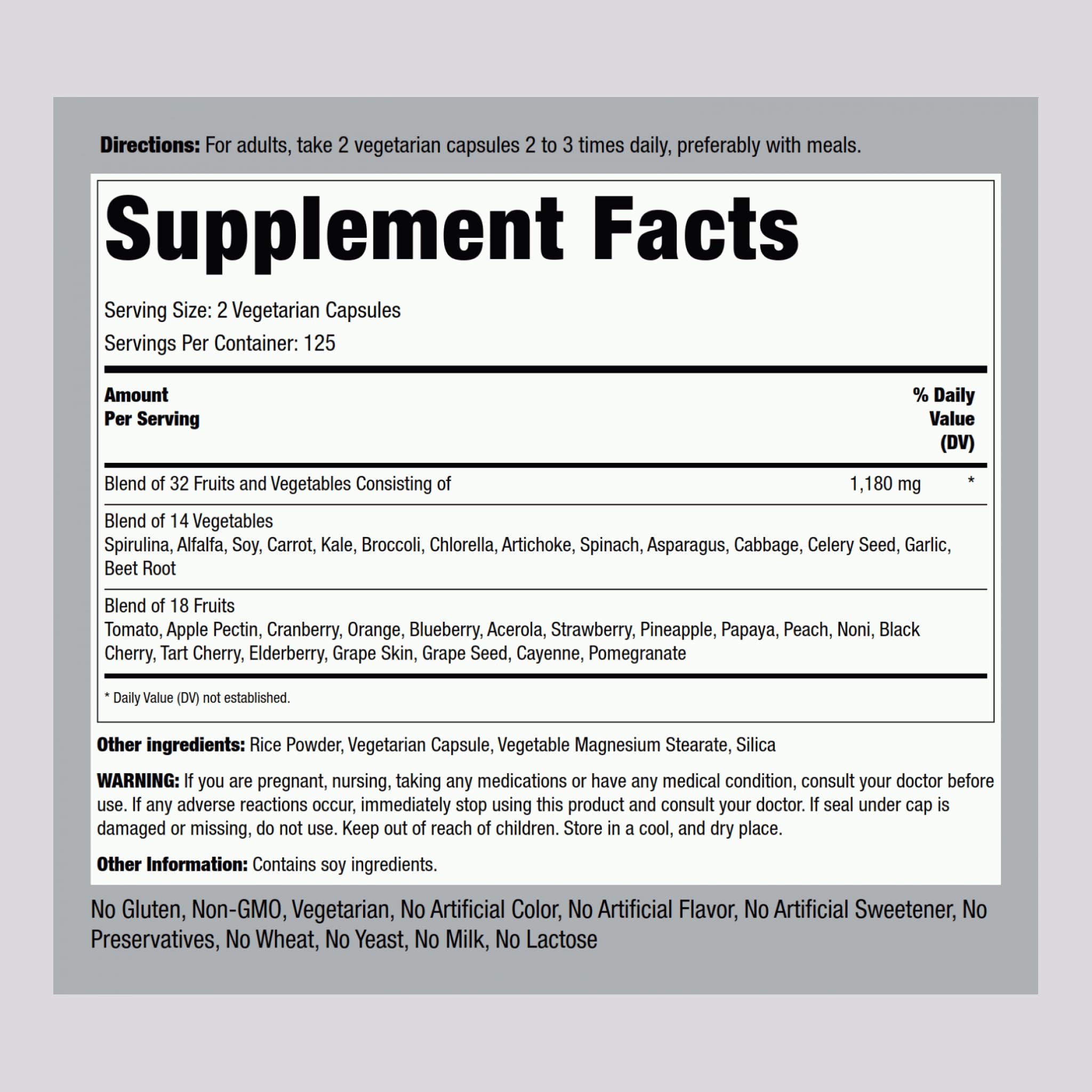 Product label of Piping Rock Fruits and Veggies Supplement
