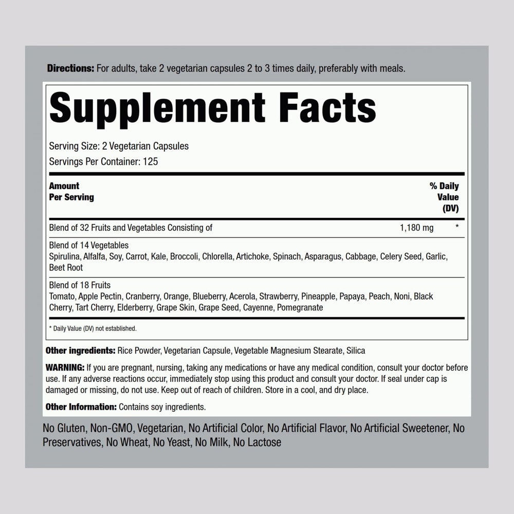 Product label of Piping Rock Fruits and Veggies Supplement