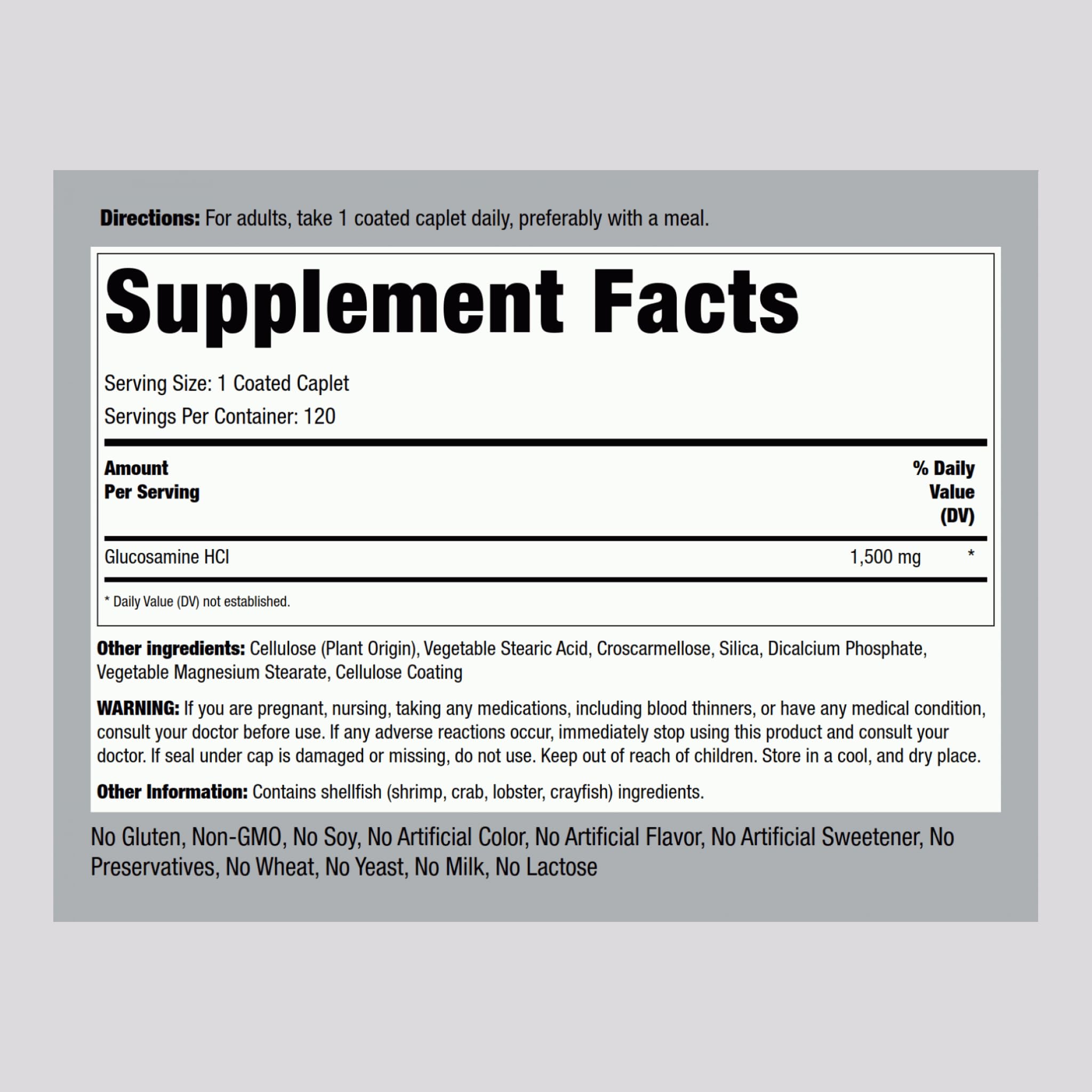 Coated glucosamine caplets displayed beside bottle