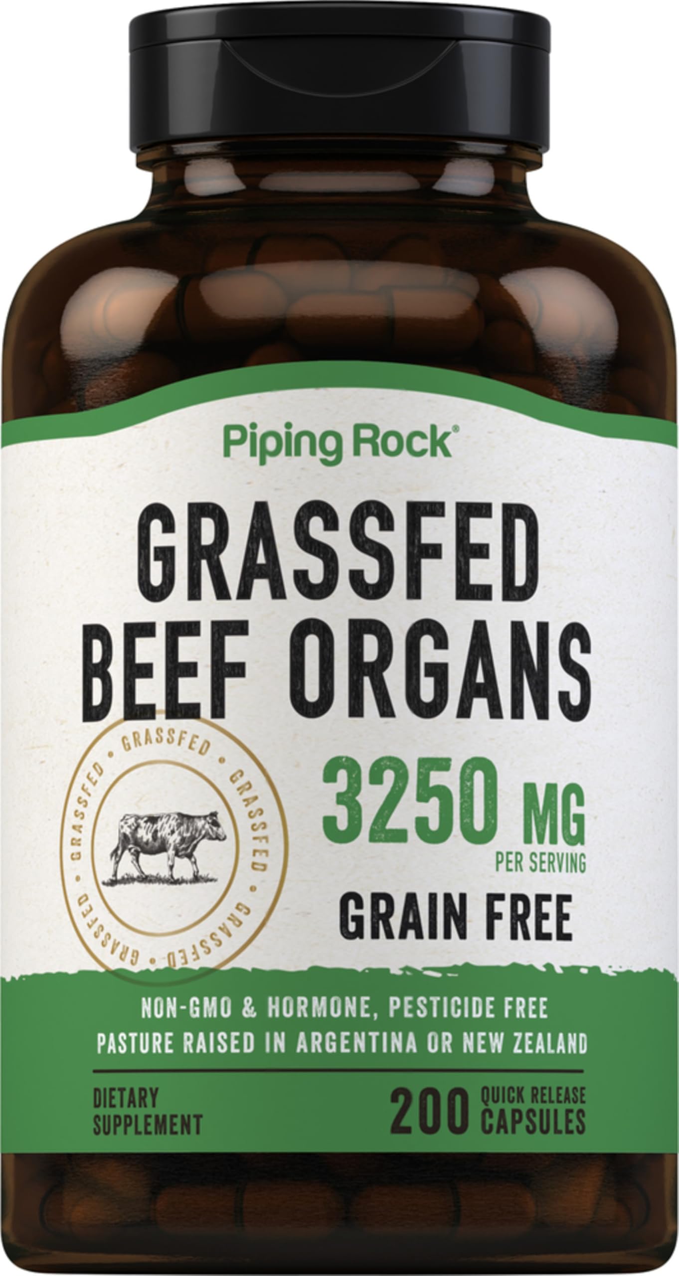Piping Rock Grass Fed Beef Organs bottle front label