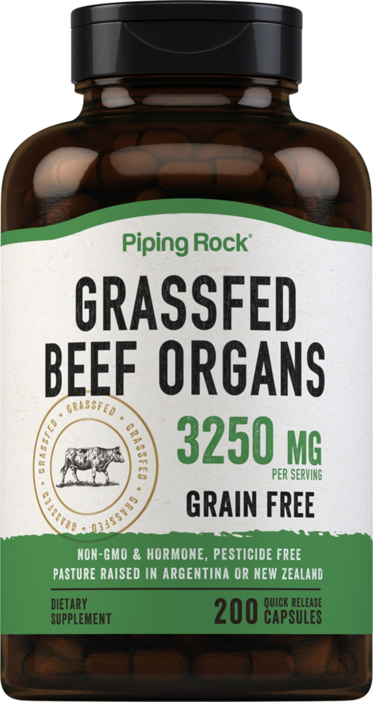 Piping Rock Grass Fed Beef Organs bottle front label