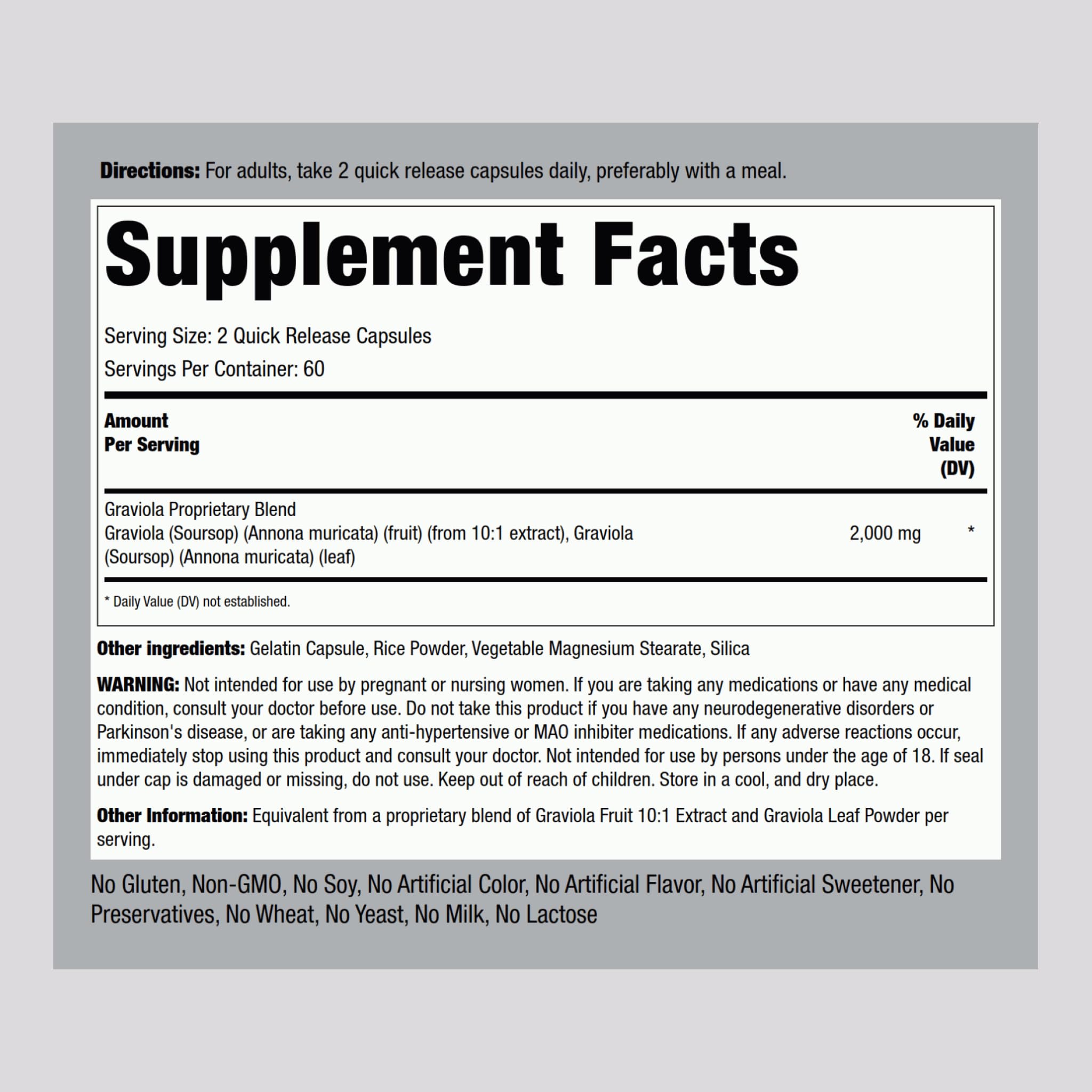 Front label of Graviola Soursop Capsules bottle