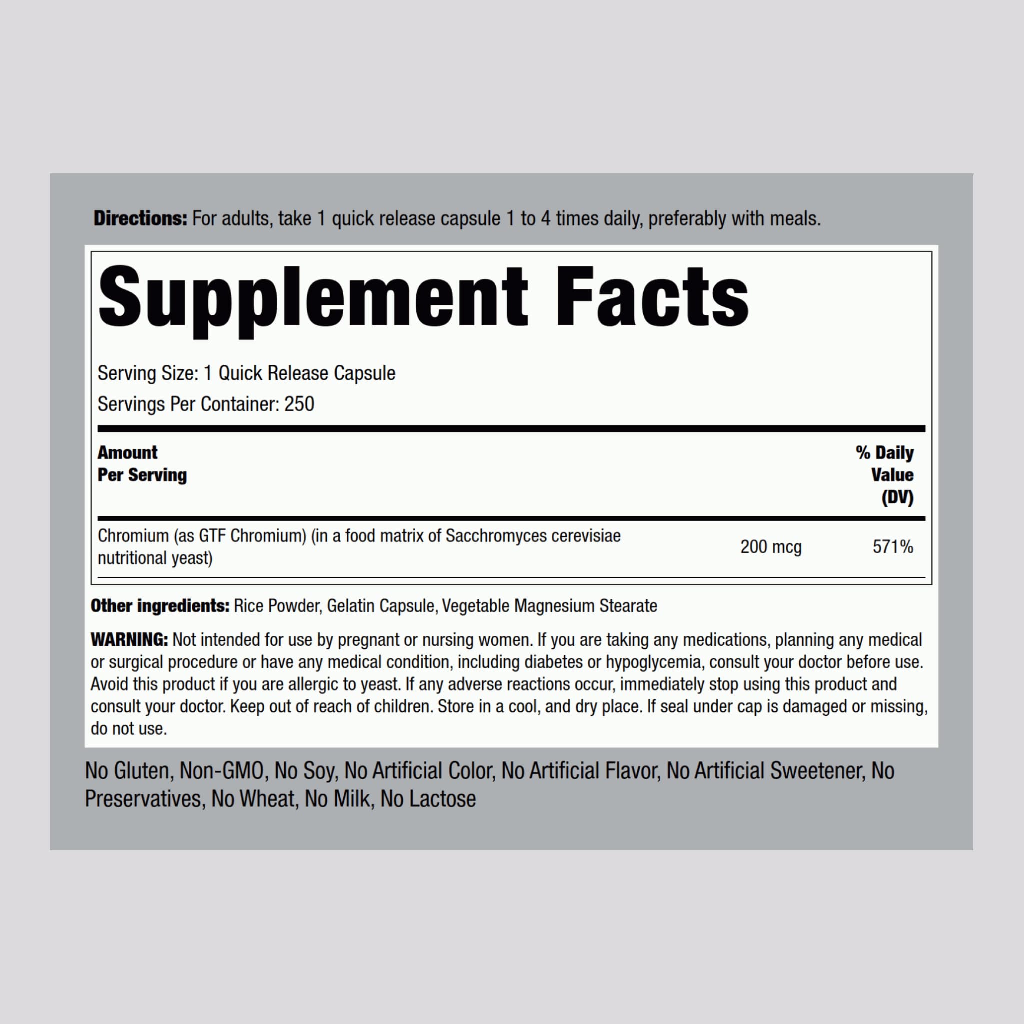 Bottle showing Piping Rock GTF Chromium 200 mcg 250 capsules label