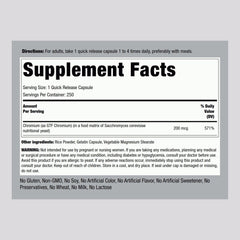 Bottle showing Piping Rock GTF Chromium 200 mcg 250 capsules label