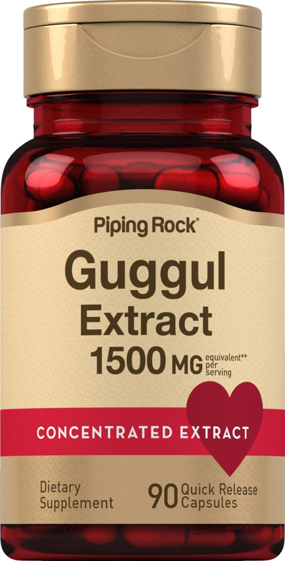 Piping Rock Guggul supplement bottle highlighting 1500 mg potency for daily use.