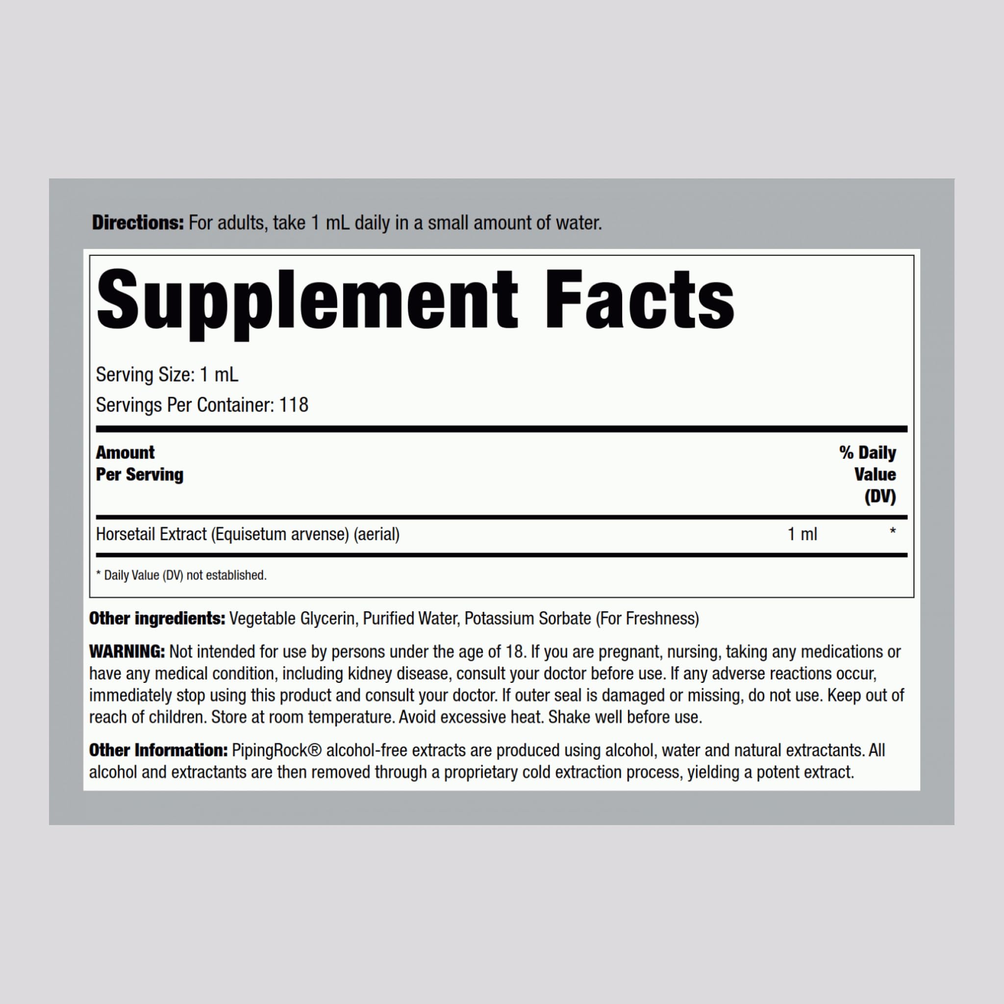 Close-up of Horsetail Extract label details