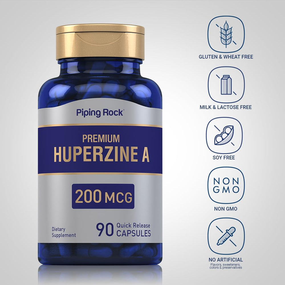 Piping Rock Huperzine A packaging displaying Non-GMO and gluten-free features for purity.