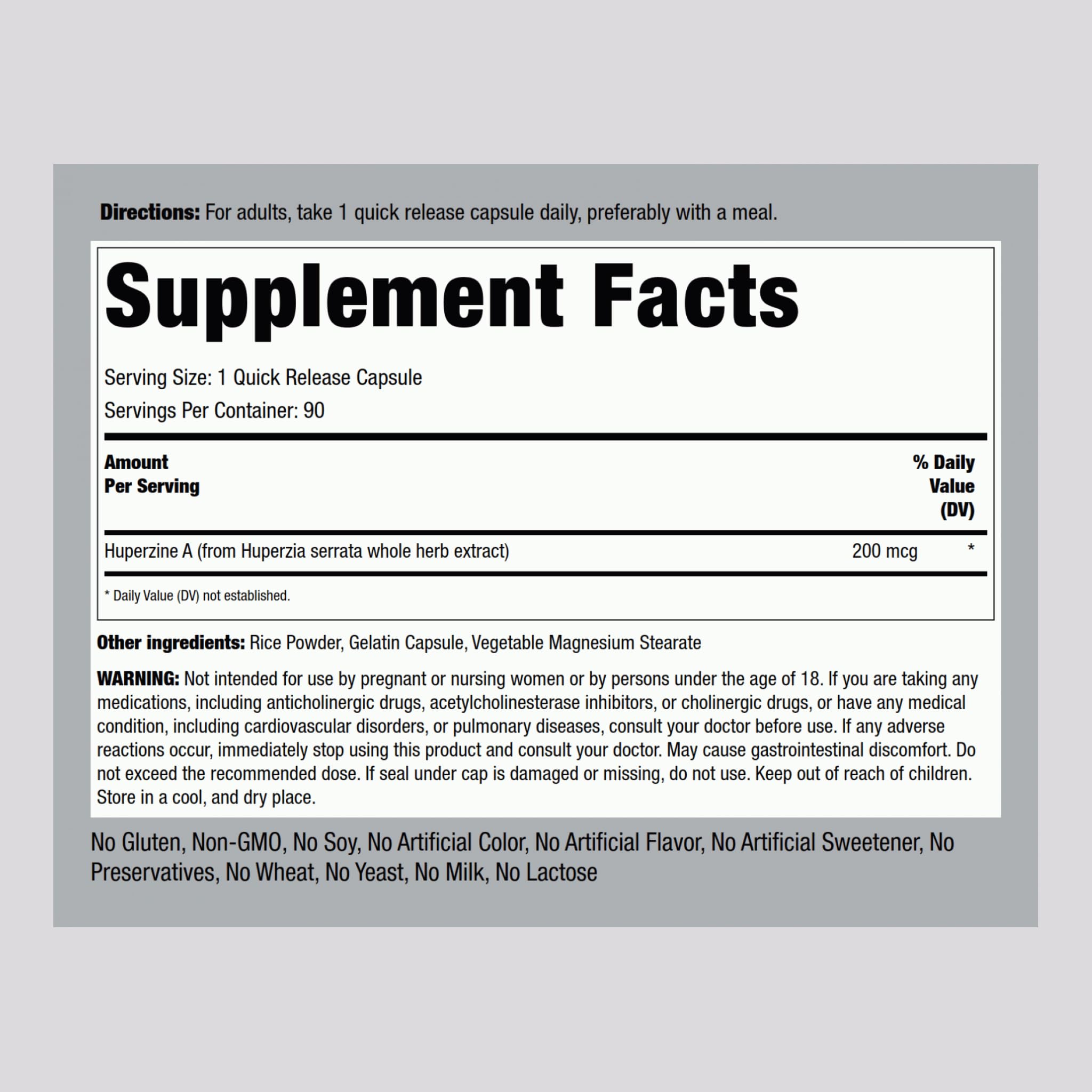Front view of Piping Rock Huperzine A bottle with 90 capsules