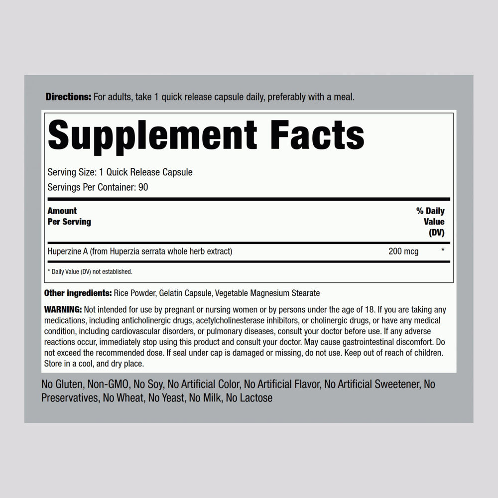 Front view of Piping Rock Huperzine A bottle with 90 capsules