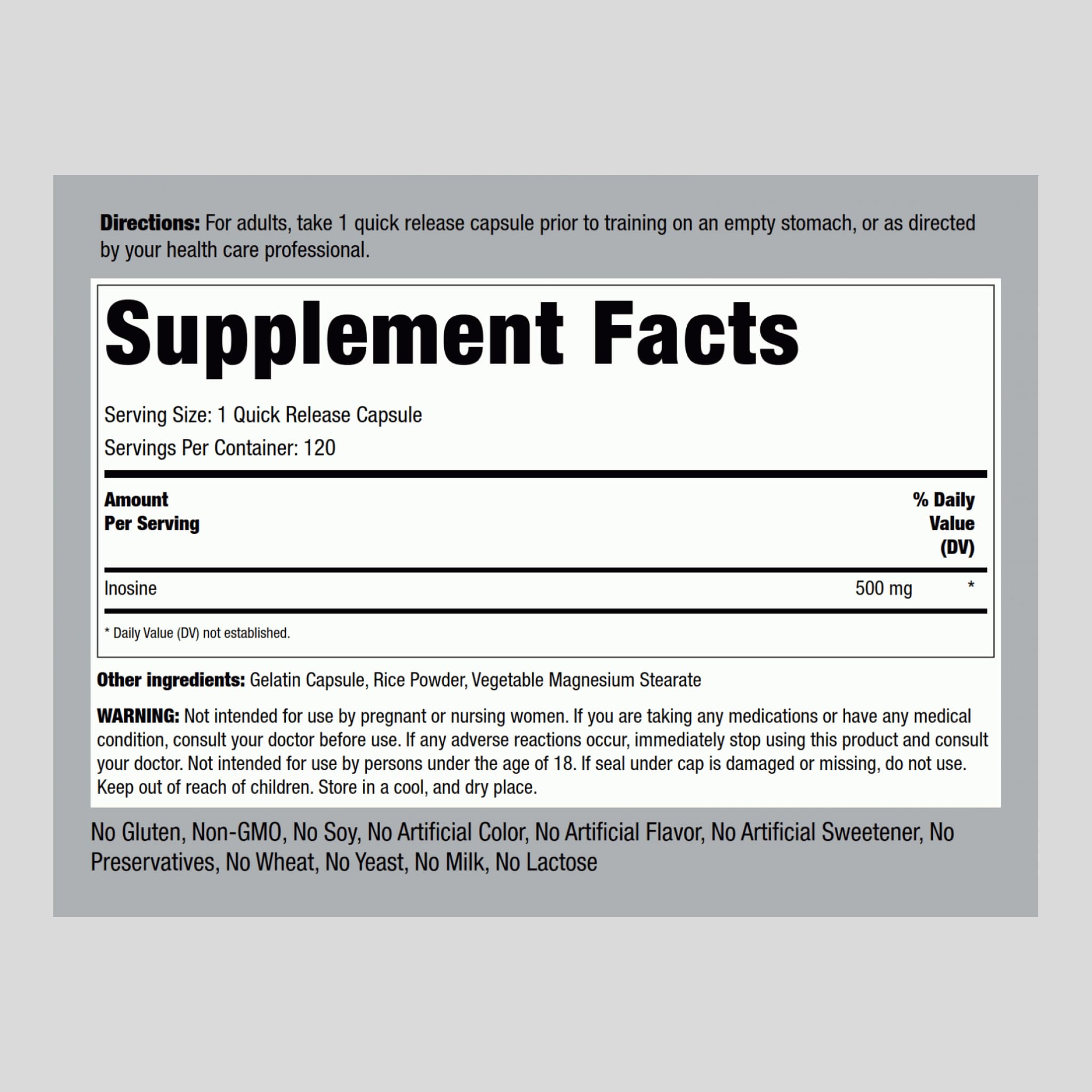 Piping Rock Inosine 500mg capsules close-up for quick-release daily supplementation.