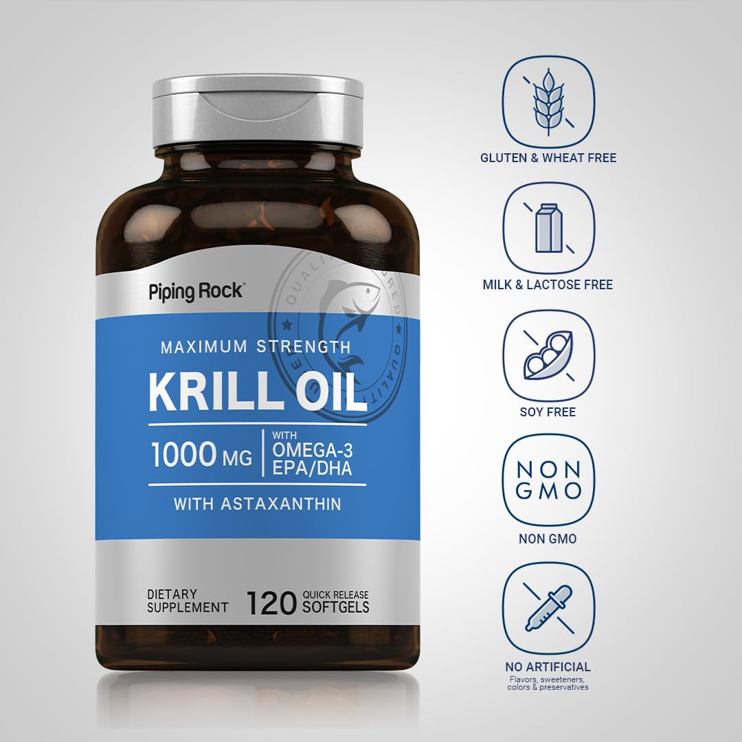 Piping Rock Krill Oil EPA/DHA Astaxanthin softgels emphasizes antioxidant-rich daily routine