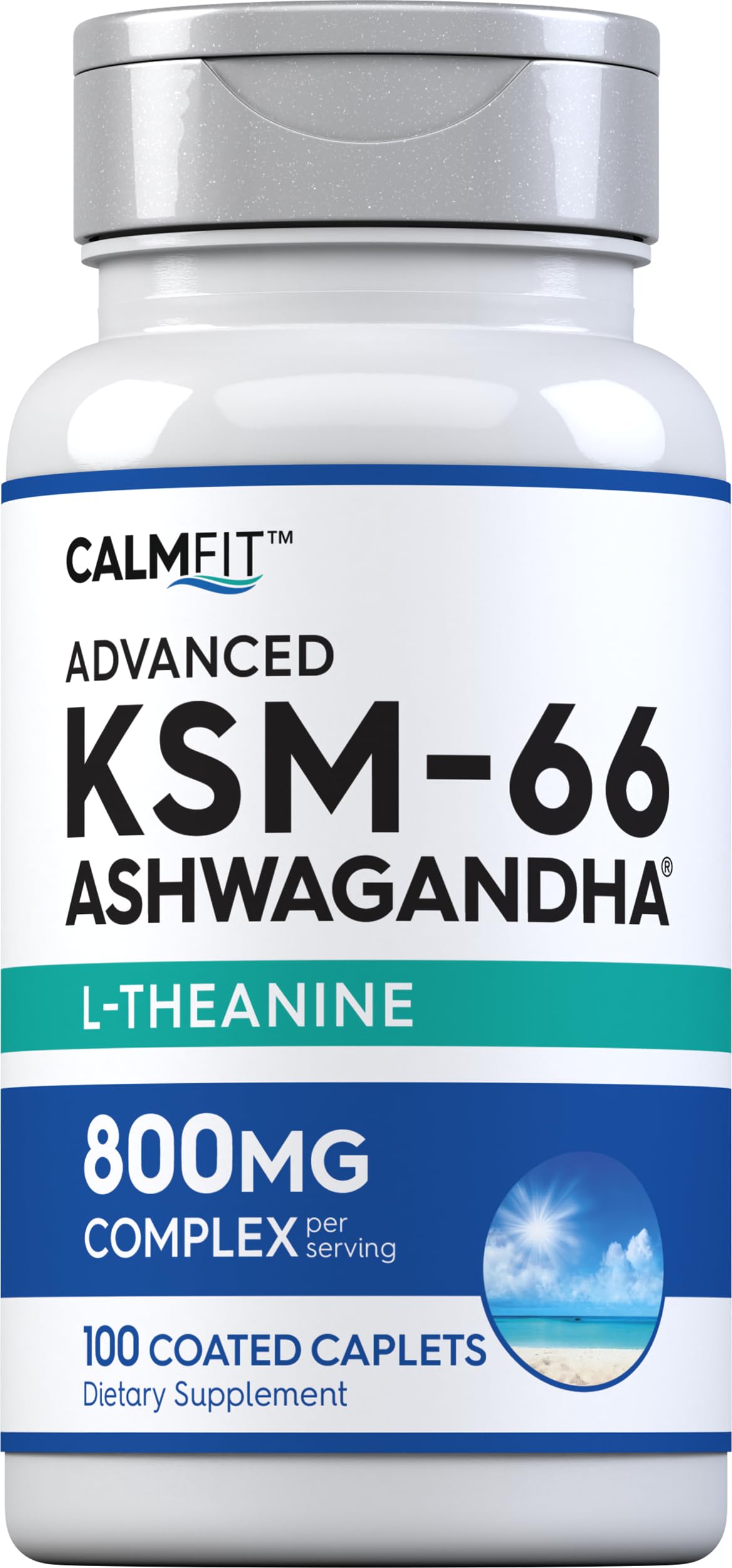 Front view of Piping Rock KSM-66 Ashwagandha L-Theanine 800mg bottle - 100 caplets