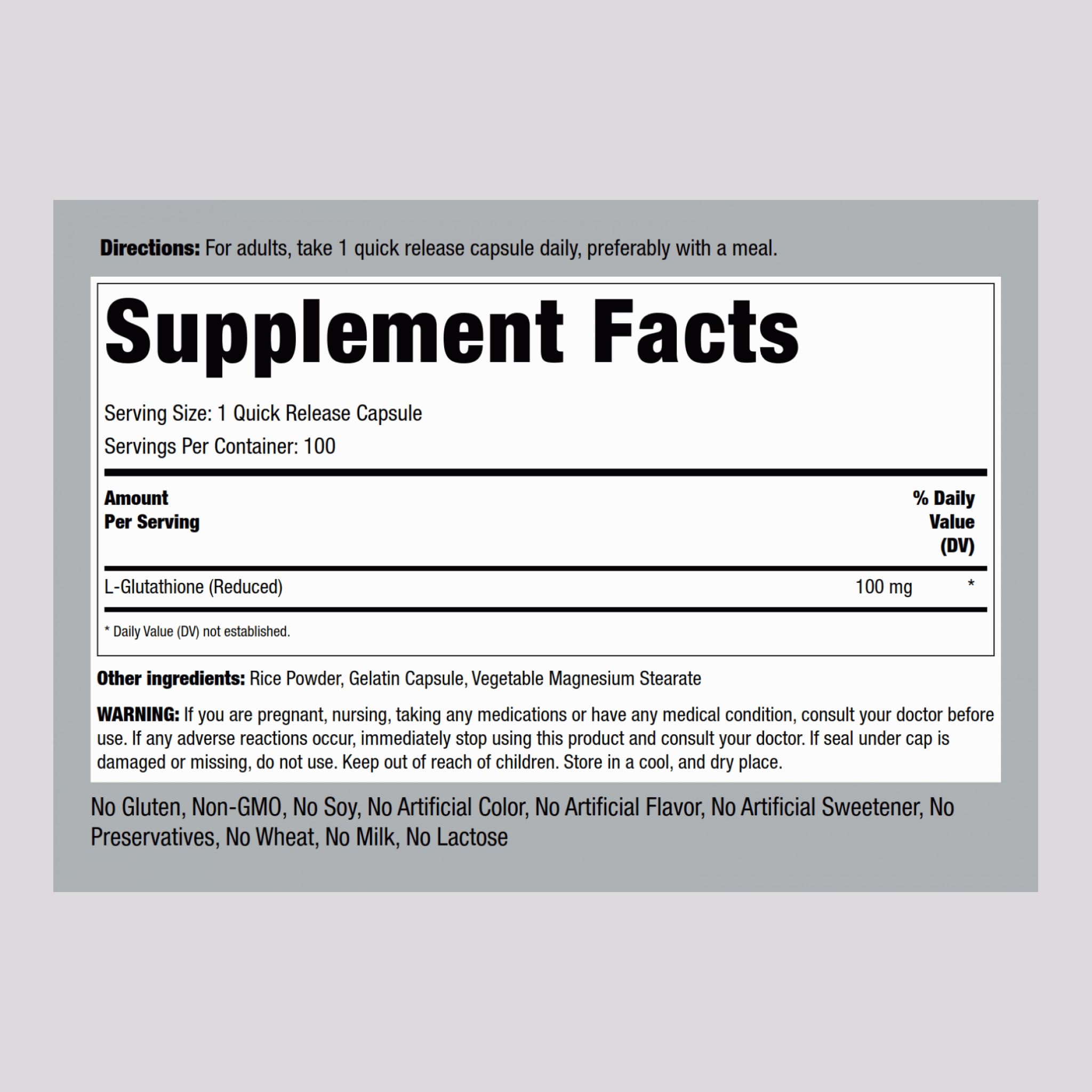 Piping Rock L-Glutathione capsules closeup shows quick-release design for easy daily use.
