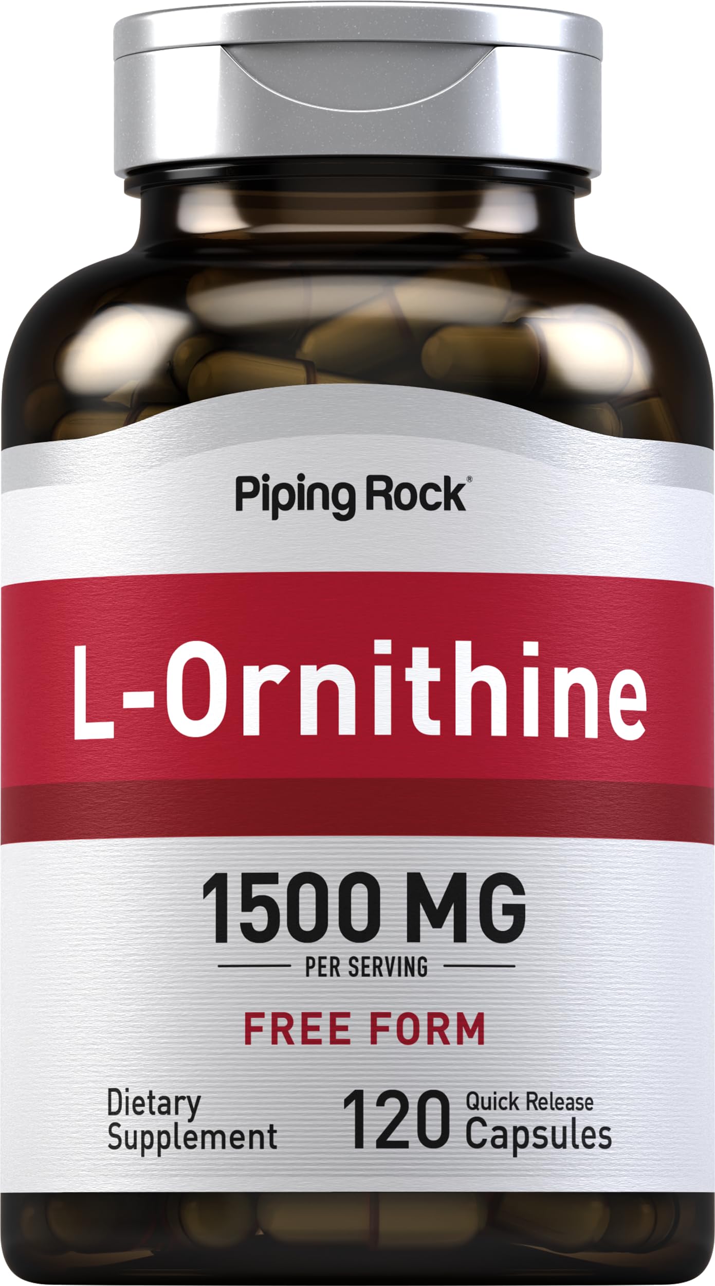 Piping Rock L-Ornithine supplement bottle displaying 1500 mg per serving