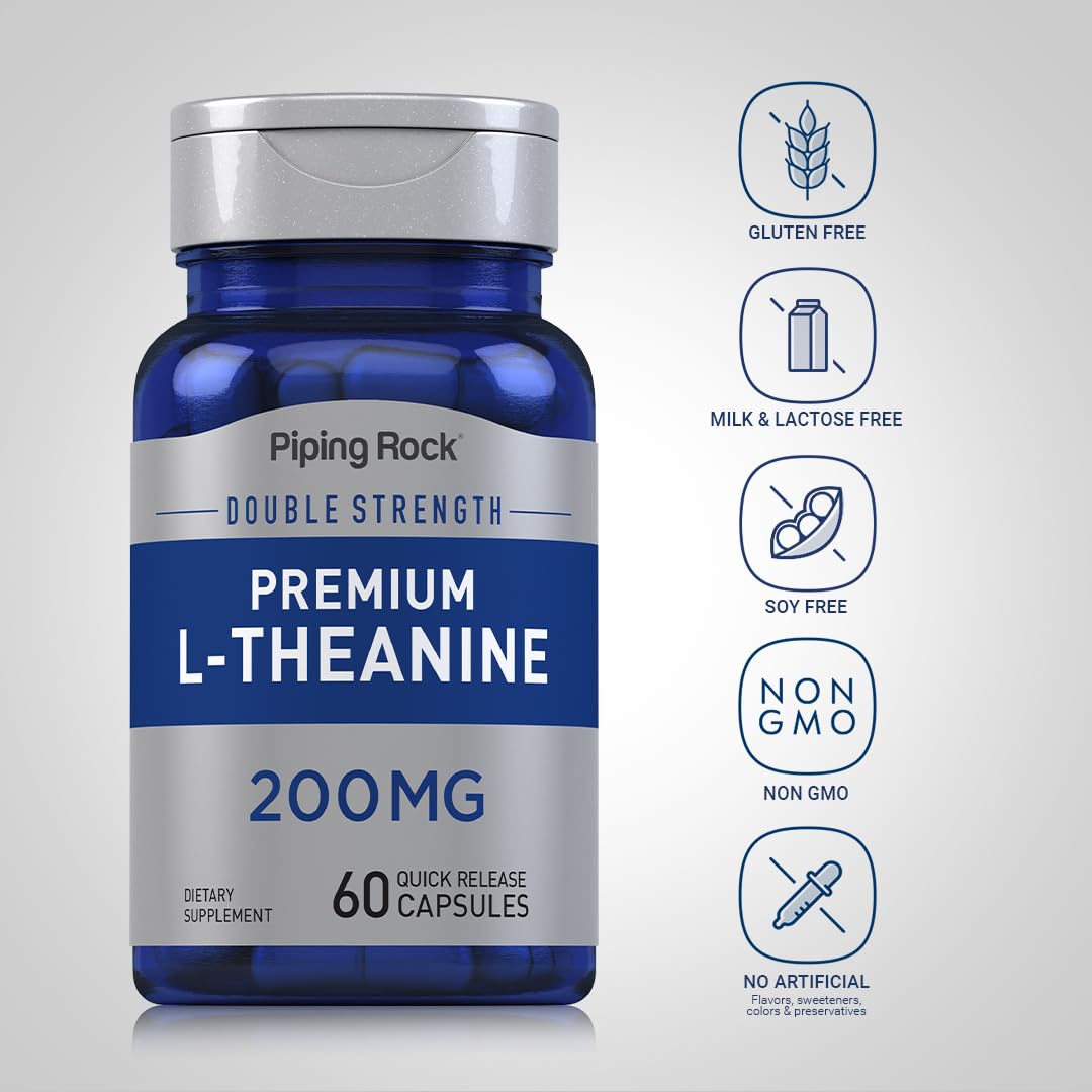 Front packaging of Piping Rock L-Theanine 200mg