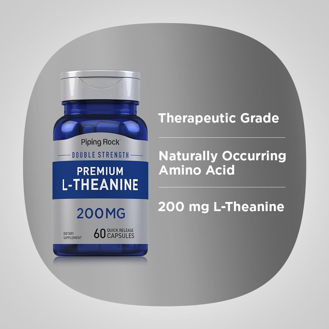 L-Theanine 200mg supplement showing non-GMO and gluten-free