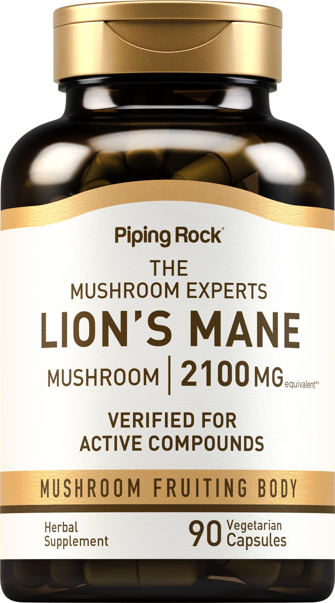 Piping Rock Lions Mane capsules bottle front view, 2100mg, 90-count