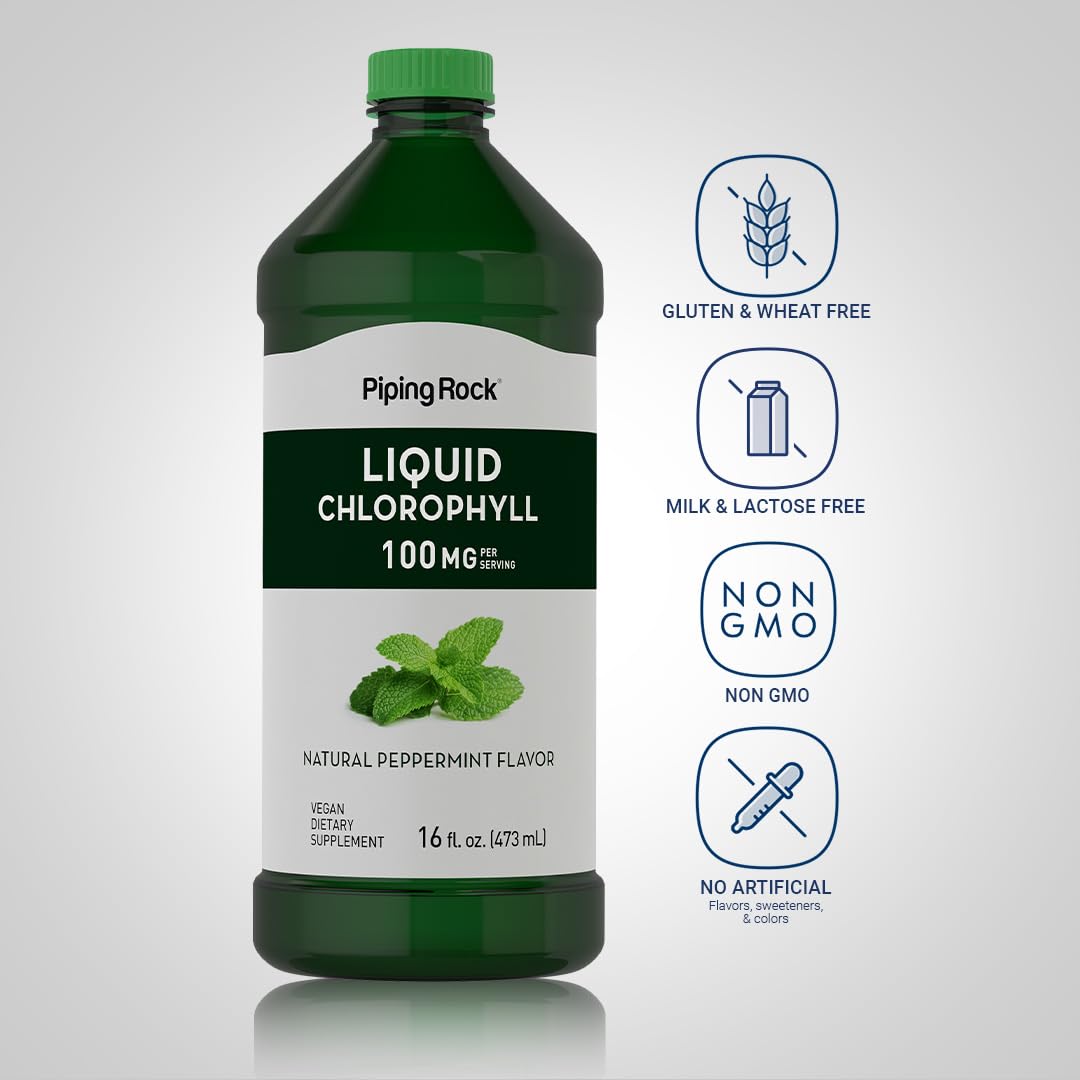 Mint-flavored liquid chlorophyll bottle and label