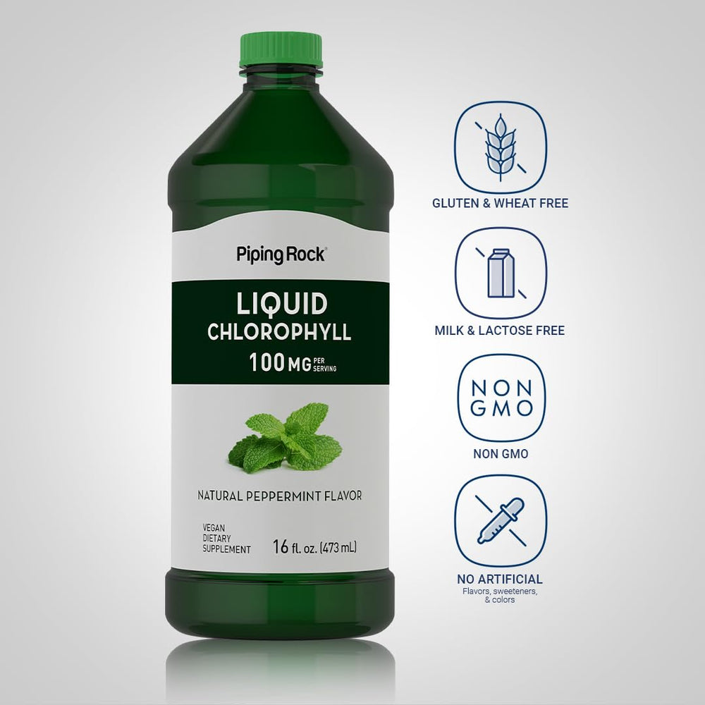 Mint-flavored liquid chlorophyll bottle and label