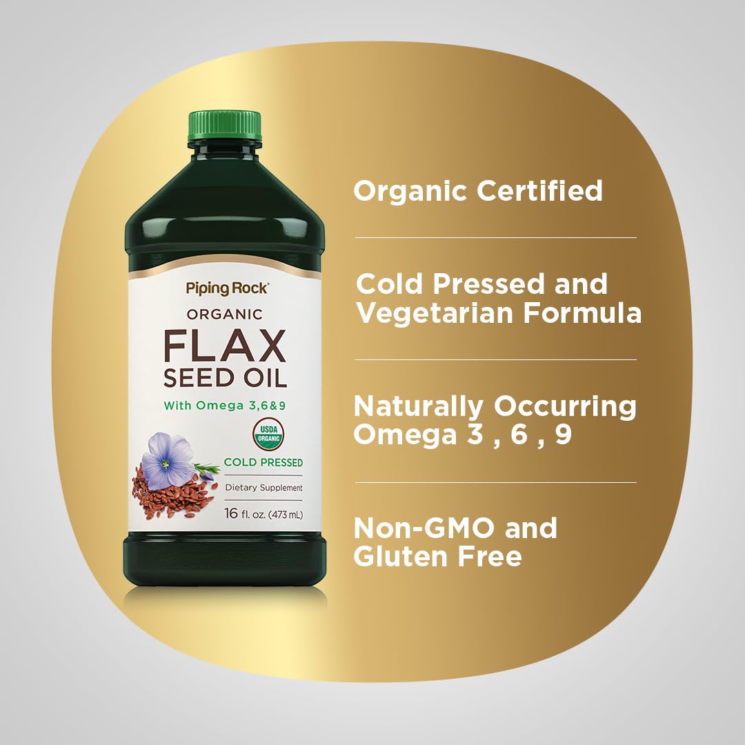 Piping Rock flaxseed oil with spoon beside flaxseeds suggests cooking and finishing options