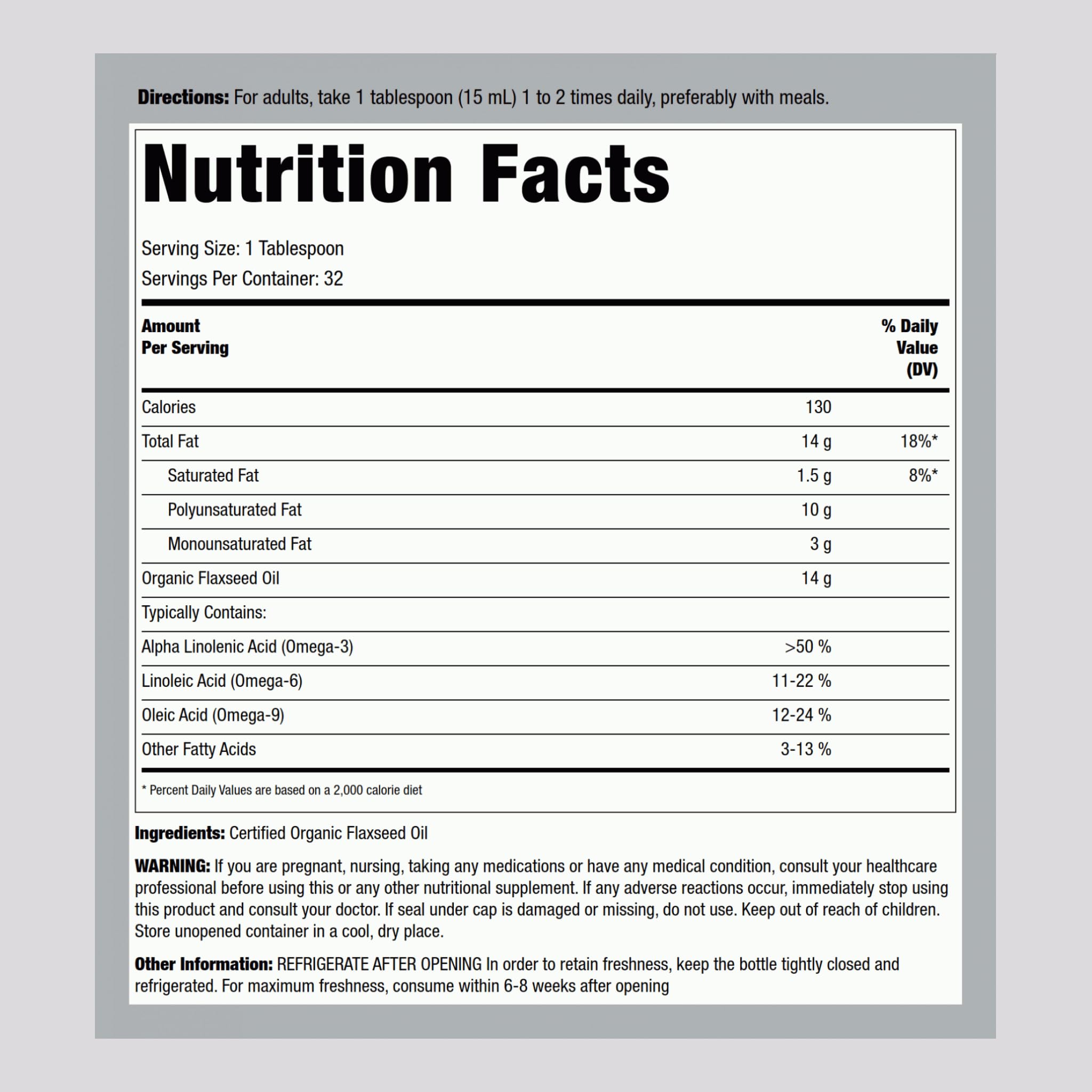 Piping Rock flaxseed oil label close-up emphasizes organic certification and purity