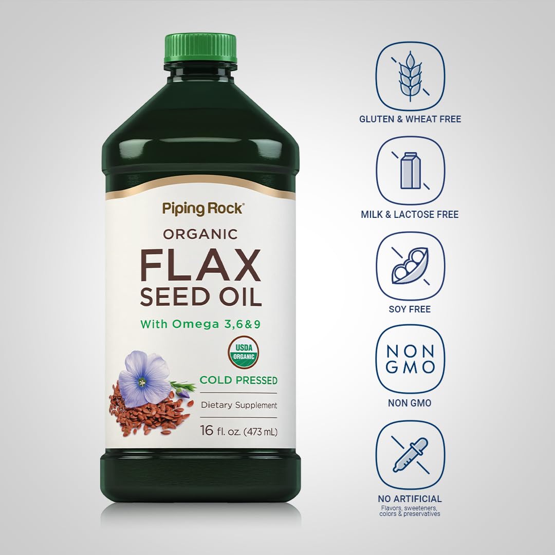 Piping Rock flaxseed oil label close-up emphasizes organic certification and purity