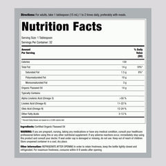 Piping Rock flaxseed oil label close-up emphasizes organic certification and purity