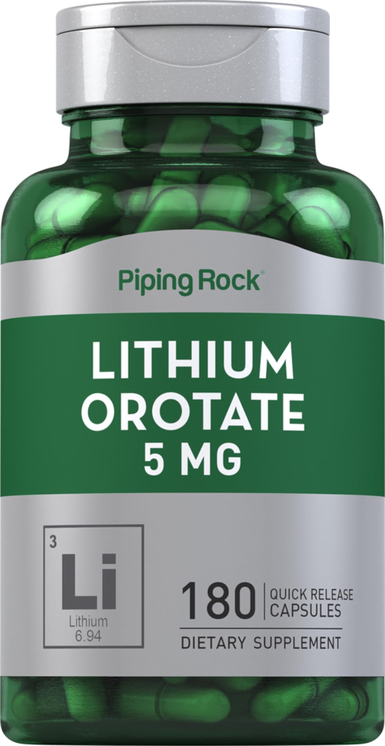 Piping Rock Lithium Orotate Supplement bottle with 5 mg lithium - 180 capsules