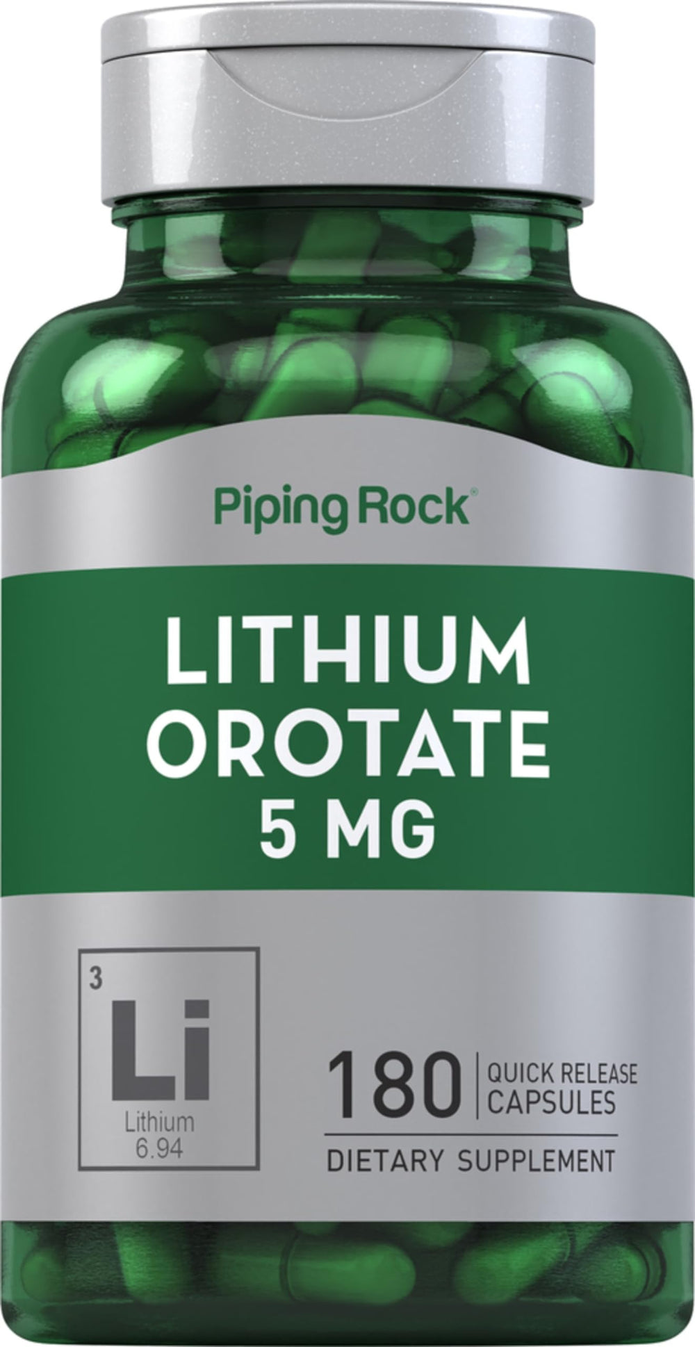 Piping Rock Lithium Orotate Supplement bottle with 5 mg lithium - 180 capsules