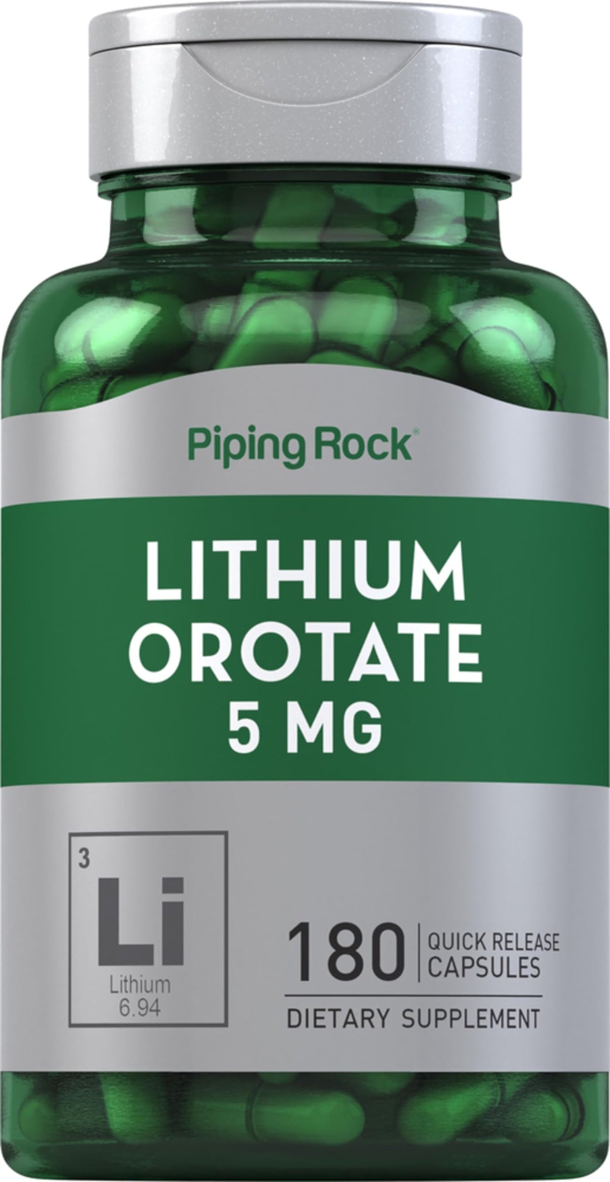 Piping Rock Lithium Orotate Supplement bottle with 5 mg lithium - 180 capsules