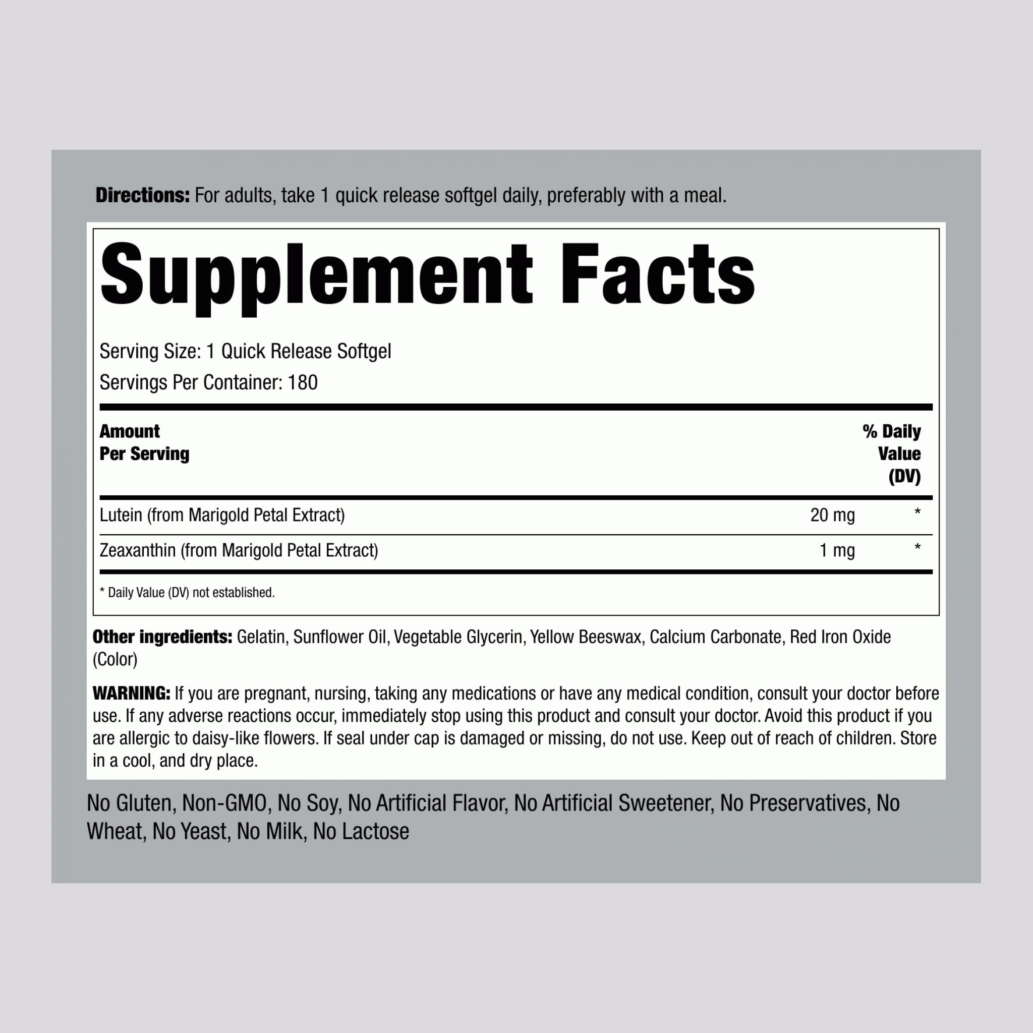 Close-up of 20mg lutein with zeaxanthin softgels