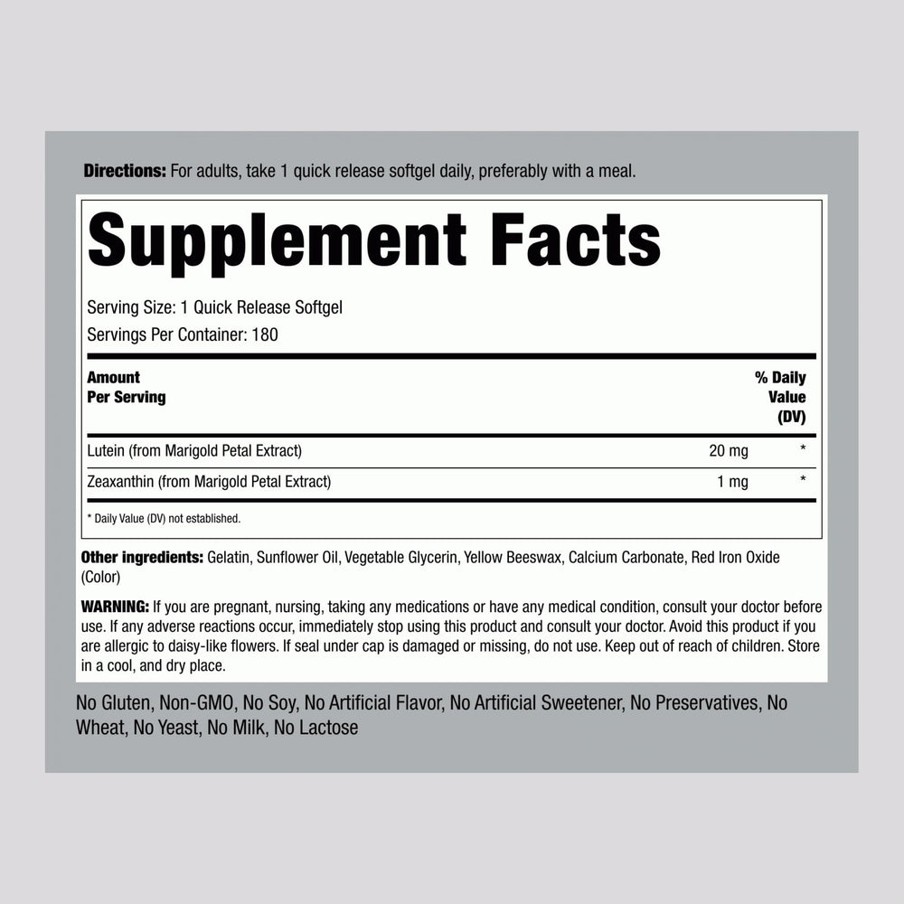 Close-up of 20mg lutein with zeaxanthin softgels