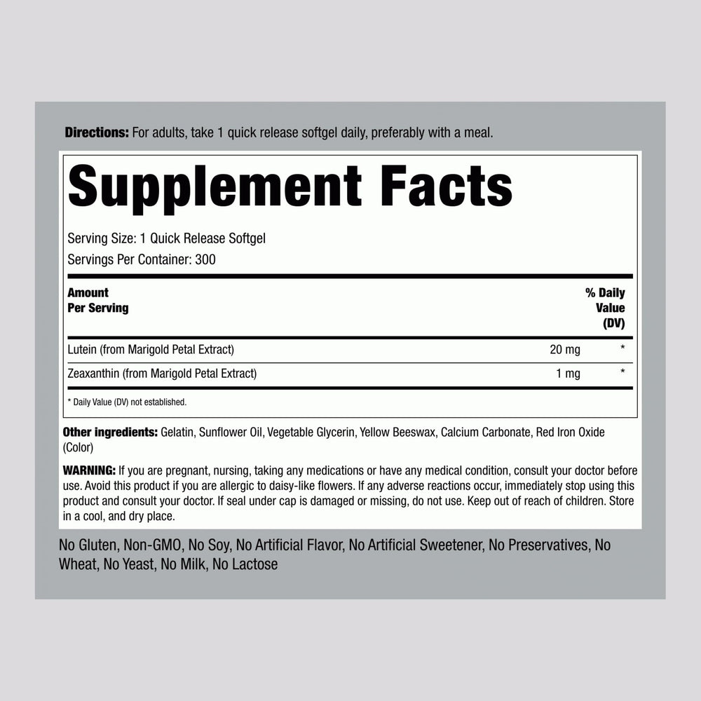 Supplement bottle label showing Lutein and Zeaxanthin