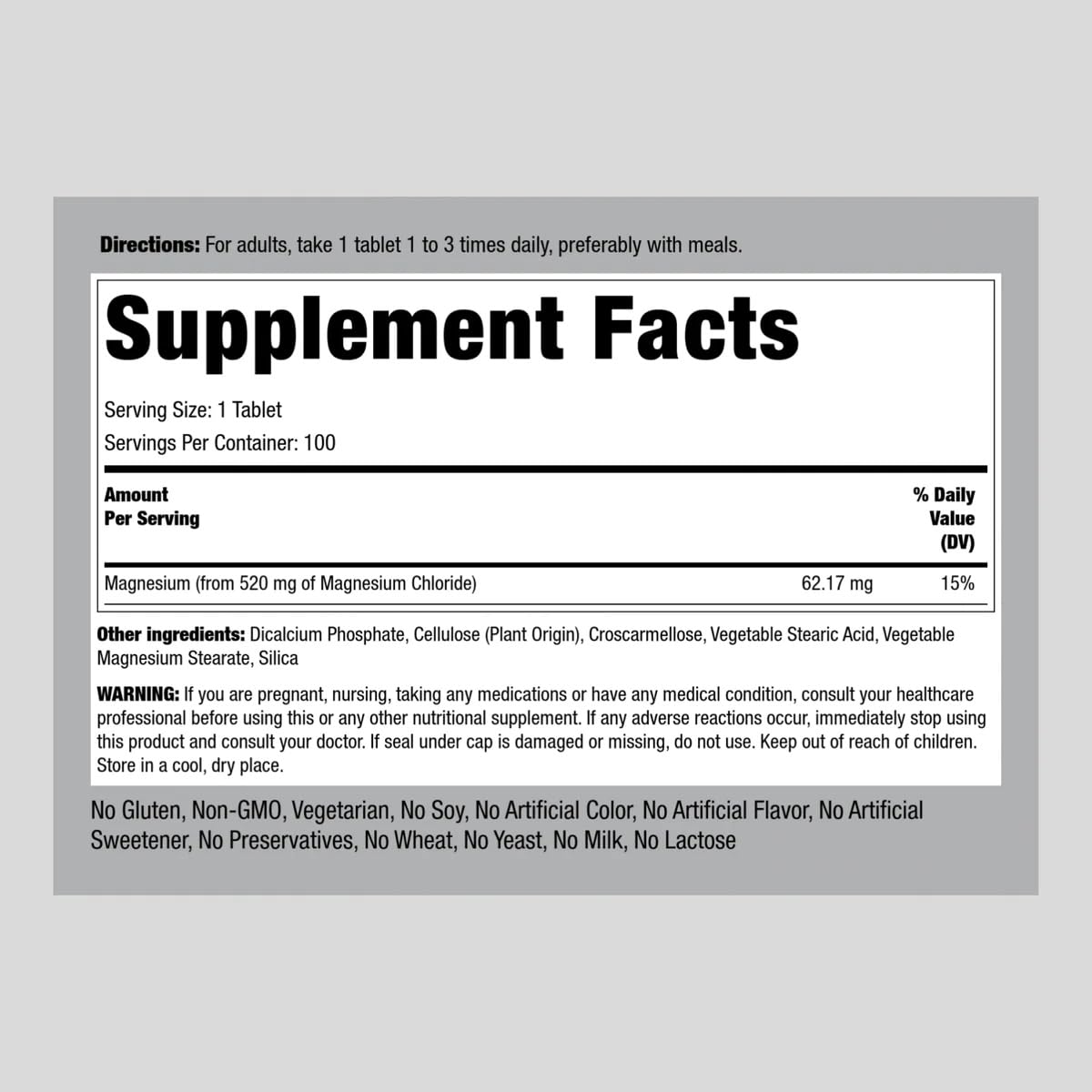 Back view with dosage information - Piping Rock Magnesium Chloride 520mg